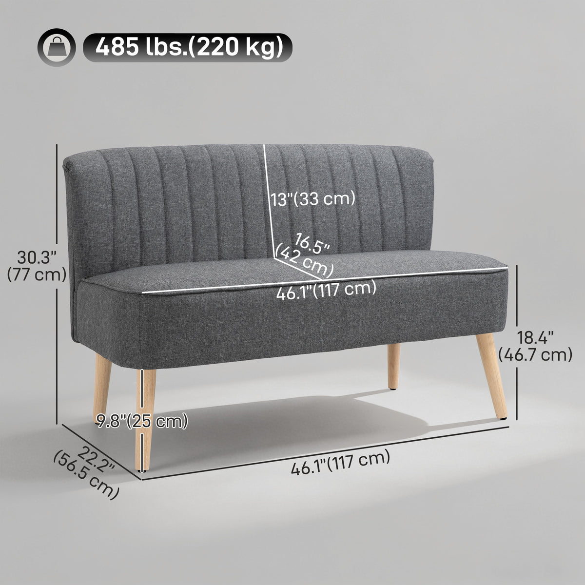 Modern 2 Seater Sofa, Upholstered Two Seater Couch with Rubber Wood Legs, Grey