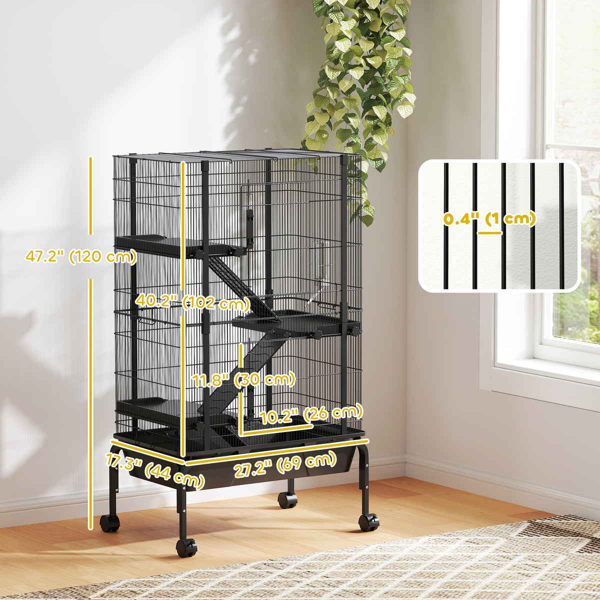 47"H Ferret Cage, Large 4-Tier Guinea Pig Cage with Wheels, Ramps, Bowl, Water Bottle & Removable Tray, Black