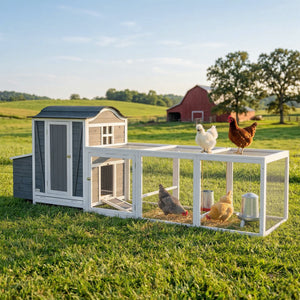 118"L Chicken Coop, Large Wooden Hen House with Run, Pull-Out Tray, Waterproof Roof, Nesting Box, Swing, Roosting Bars