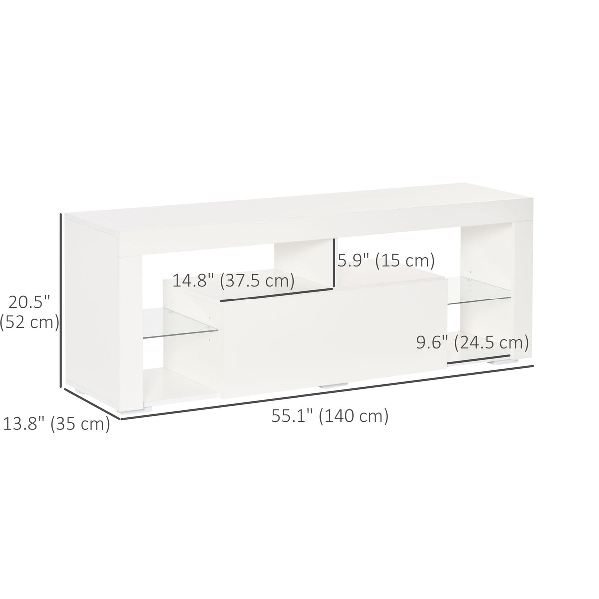 TV Stand for 55-Inch TVs, High Gloss TV Bench with LED Lights, Remote Control, Storage Drawer and Shelves, Entertainment Unit for Living Room, Bedroom, White