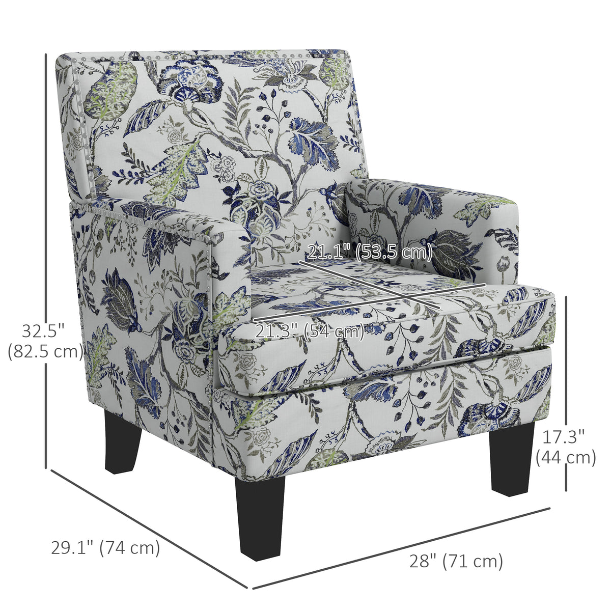 Upholstered Armchair, Mid-Century Accent Chair with Floral Pattern, Nailhead Trim for Living Room, Bedroom, Multicolour
