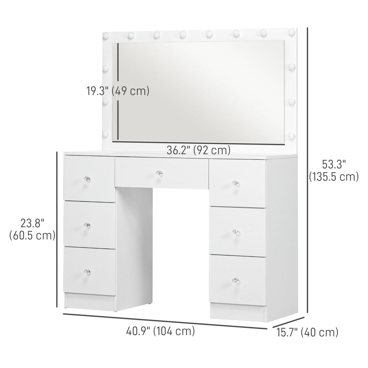 Makeup Vanity Table, Dressing Table with Mirror and Lights, Modern Makeup Table with 7 Drawers and 10 LED Lights, White