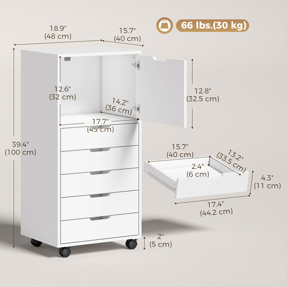 File Cabinet on Wheels Mobile Printer Stand with 5 Drawers for Home Office White