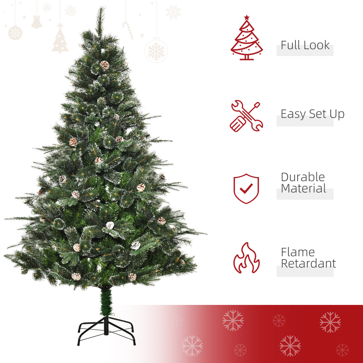 HOMCM 6FT Artificial Christmas Snow Pine Tree Holiday Home Xmas Decoration with Automatic Open, Pinecone