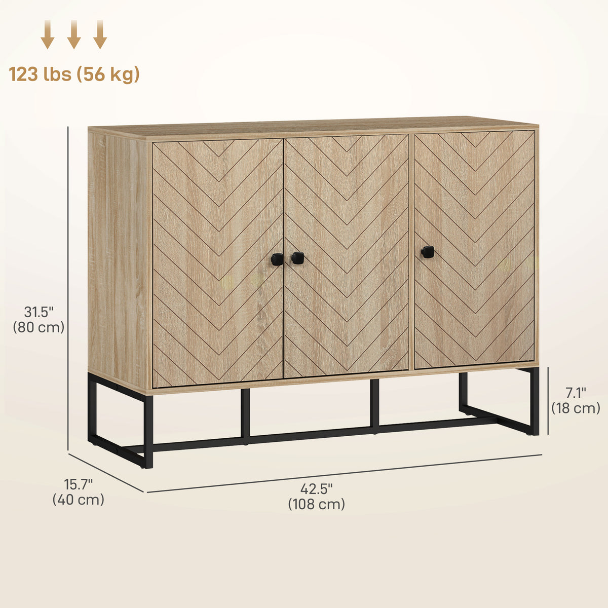 Modern Sideboard, Buffet Cabinet with Adjustable Shelves, 3 Chevron Doors for Living Room, Hallway, Oak Wood Grain