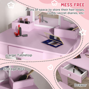 Qaba Makeup Vanity with Mirror and Stool, Cloud Design, Drawer, Storage Boxes, for 3-6 Years Old, Pink
