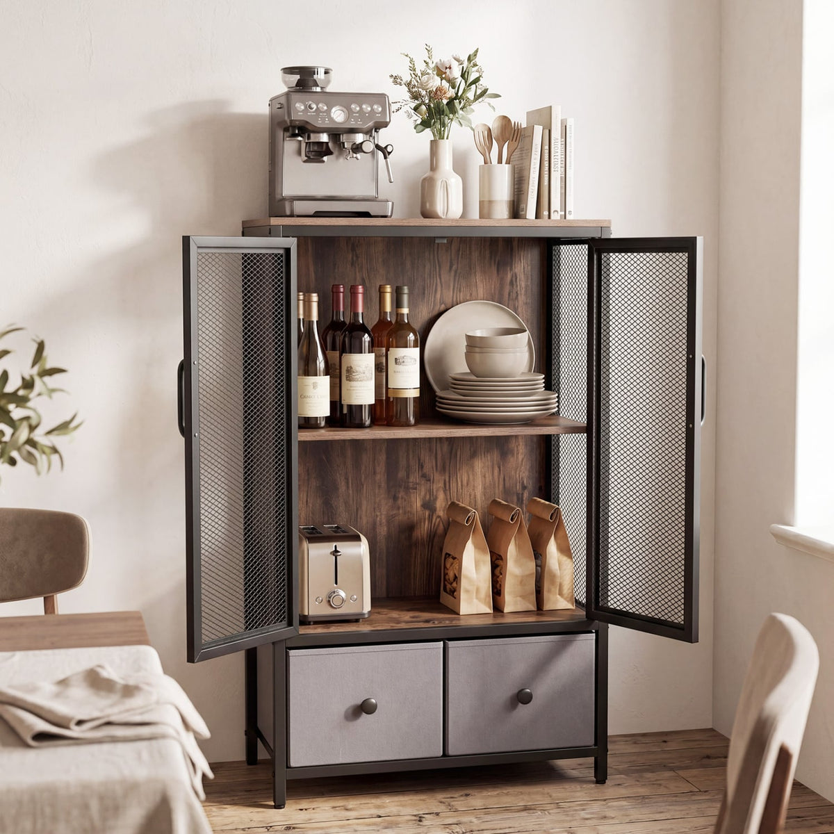 Industrial Coffee Bar Cabinet with 2-Tier Storage Compartment-Rustic Brown view 2