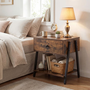Industrial Nightstand with Drawer and Adjustable Foot Pads for Bedroom-Rustic Brown view 2