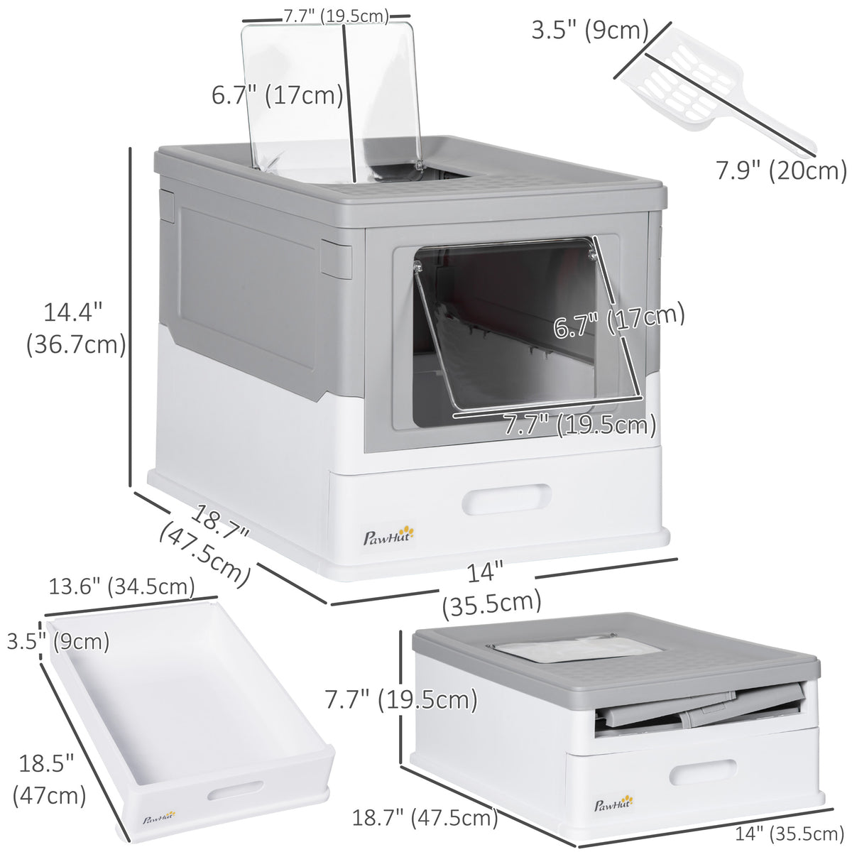 Top Entry Enclosed Kitty Litter Box with Scoop, Tray, Front Entry, Large Space, Foldable, Portable, Grey – view 2