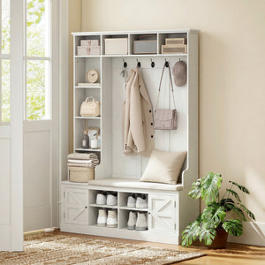Hall Tree with Bench and Shoe Storage, Entryway Bench with Coat Rack, 12 Shelves, 2 Cabinets, 5 Hooks, White Wood Grain
