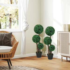 35 Inch Potted Fake Plant Set of 2, Artificial Boxwood Topiary Tree, Triple Ball Tree for Indoor and Outdoor, Green