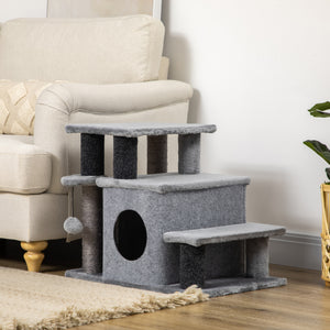 Cat Stairs Pet Steps for Couch Bed with Scratching Posts Condo Ball Toy, 23.6" x 15.7" x 26", Grey – view 7