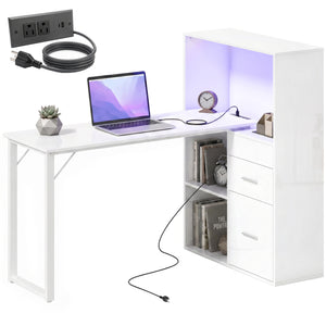 54" Computer Desk with Drawers, Home Office Desk with Storage, Power Outlets and LED Lights, White
