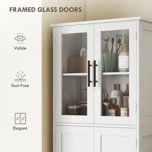 Tall Bathroom Cabinet with Glass Doors, Space-Saving Unit with Adjustable Shelves, Freestanding Storage, White