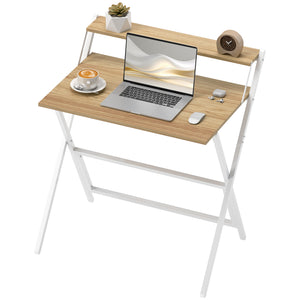 Folding Computer Desk, 32" Foldable Desk with Monitor Shelf for Small Space, Home Office, Easy Assembly, Natural Wood