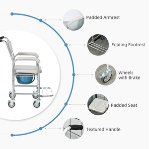 3-in-1 Shower Commode Wheelchair, Transport Beside Commode Chair with Padded Seat for the Elderly, Disabled