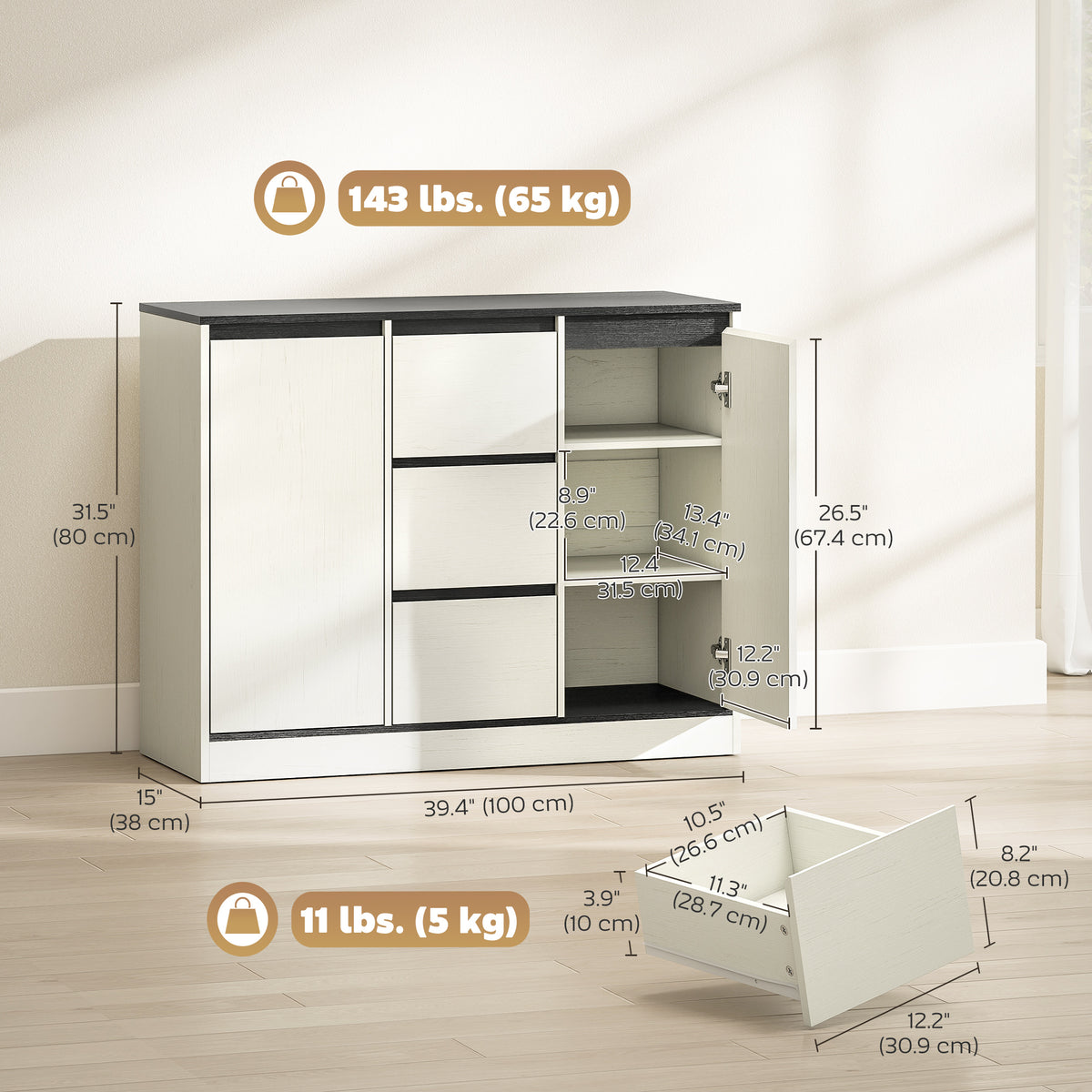 Buffet Cabinet with Soft-Close Hinges, Modern Sideboard with 3 Drawers and 2 Adjustable Shelves, White Wood Grain
