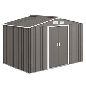 9x6 Galvanized Steel Ventilated Garden Storage Shed with Double Doors, Foundation Kit, Grey