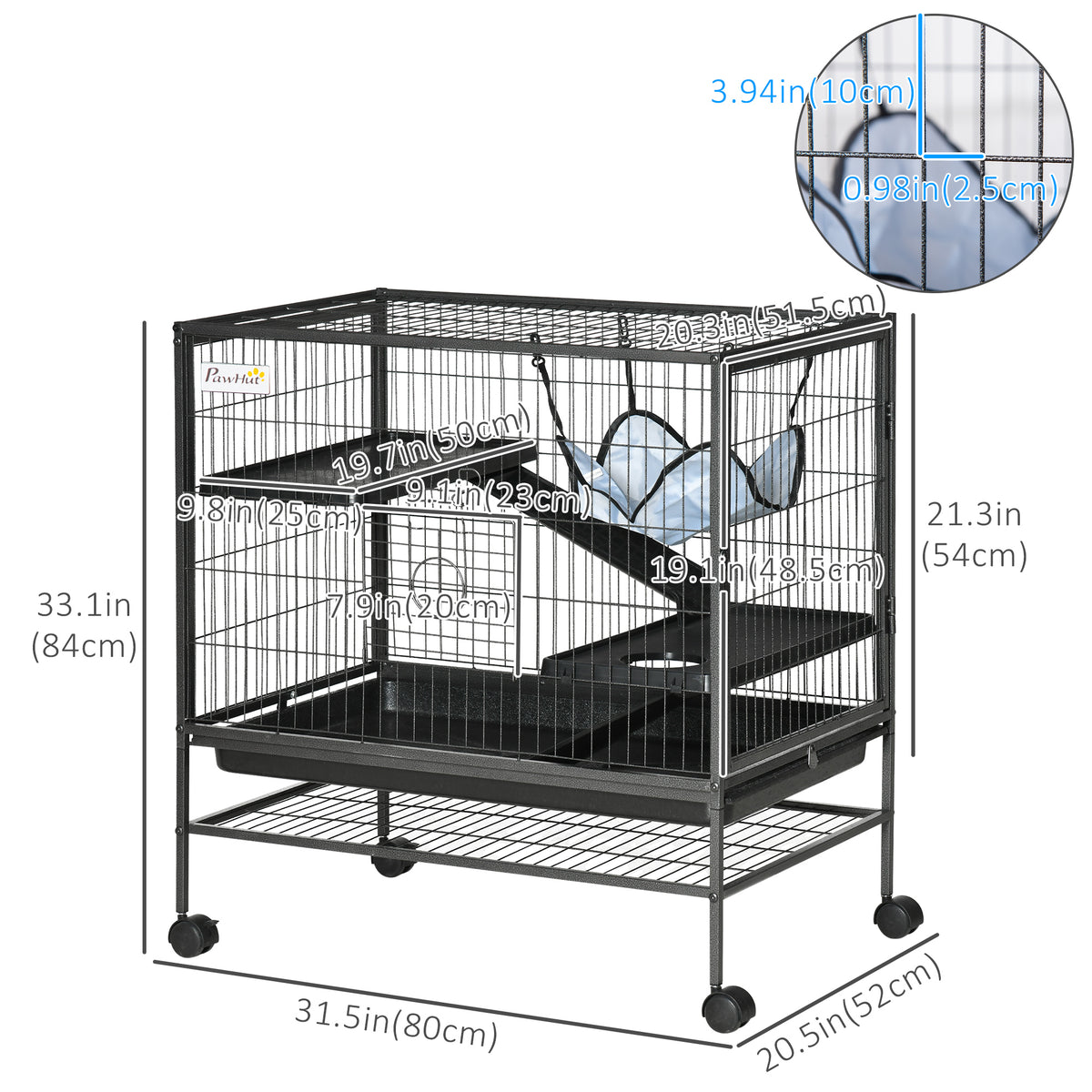 Small Animal Cage with Hammock, 3-Tier Ferret Cage Removable Tray