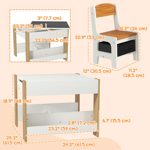 Qaba 3 Piece Kids Table and Chair Set with Reversible Tabletop, Blackboard, Storage, Bookshelf, for Playroom, Nursery