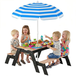 Qaba Kids Picnic Table with Umbrella, 3 in 1 Wooden Sand & Water Table with 2 Hidden Play Boxes for Patio, Ages 3-6