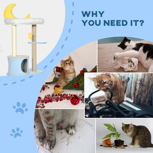 Moon Cat Tower for Indoor Cats with Teddy Fleece House Bed Scratching Post Hanging Toy Star Platform 41" Blue