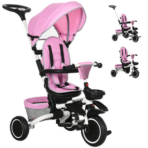 Aosom Tricycle for Toddler 6-in-1 Kids Trike, Foldable Converts Stroller to Baby Push Bike, Adjustable Backrest with Detachable Guardrail & Handle, Brake for 1-4 Years Old