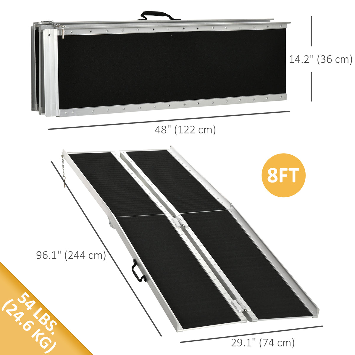 8ft Wheelchair Ramp, 600lbs Capacity Non-Slip Aluminum Folding Handicap Ramp with Reinforced Welded Hinges, for Home Steps, Cars, Scooters and Stairs