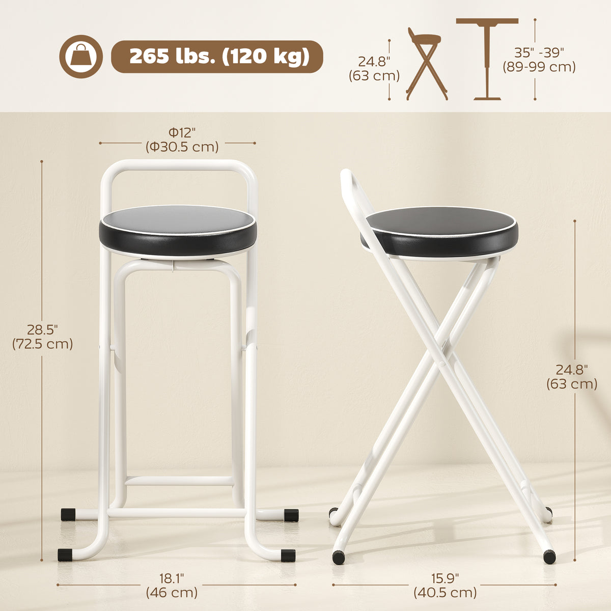 Foldable Bar Stools Set of 2, Folding Kitchen Chairs with PU Cushioned Seat, Footrest, Black – view 2