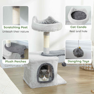 28" Cat Tree Tower with Plush Top Bed, Cozy Condo, Sisal Scratching Post, Perch, Dangling Ball, Beige and Yellow