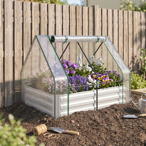 Steel Outdoor Raised Garden Bed with Greenhouse,Cover, Roll Up Door, Dual Use, 50"x37.4"x36.2", Clear