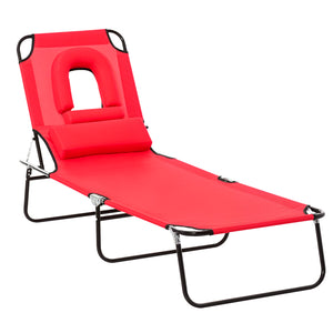Folding Chaise Lounge Chair, Reclining Beach Tanning Chair with Face Hole, Pillow