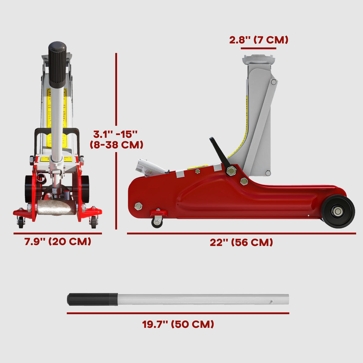 Low Profile Jack, Hydraulic Racing Floor Jack, 3.1"-15" Lifting Range, 2.5 Ton (5,000 lb) Capacity, Red