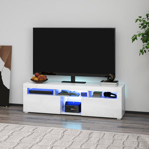 Modern TV Stand with Storage and LED Lights for TVs up to 55", TV Cabinet with Open Compartments, High Gloss White