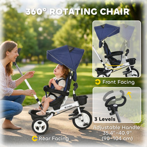 Qaba 6 in 1 Toddler Tricycle with Parent Push Handle, Canopy, Storage Baskets, Cupholder, Dark