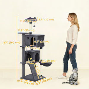 63 Inch Cat Tree with Sisal Scratching Posts, Condos, Plush Perches, Hammock, Ladder, Dangling Balls, Beige – view 9