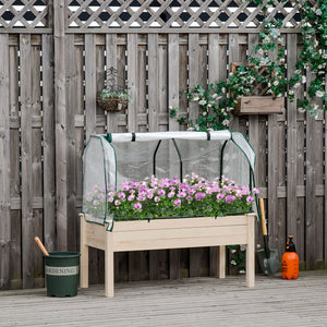 Raised Garden Bed with PE Greenhouse Cover Outdoor Elevated Wood Planter Box for Herbs and Vegetables, Use for Patio, Backyard, Balcony, 48 x 22 x 46 inch, Natural