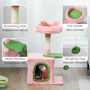 28" Cat Tree Tower with Plush Top Bed, Cozy Condo, Sisal Scratching Post, Perch, Dangling Ball, Beige and Yellow