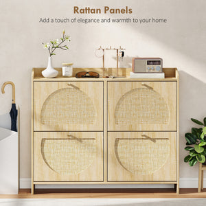 4 Flip-Drawer Shoe Cabinet, Shoe Storage Cabinet with Rattan Doors and Adjustable Shelves, Holds 16 Pairs, Natural