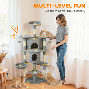62" Cat Tree with Scratching Post, 2 Condos, Hammock, Perches, Plush, Pompoms, for Indoor Cats, Beige – view 17