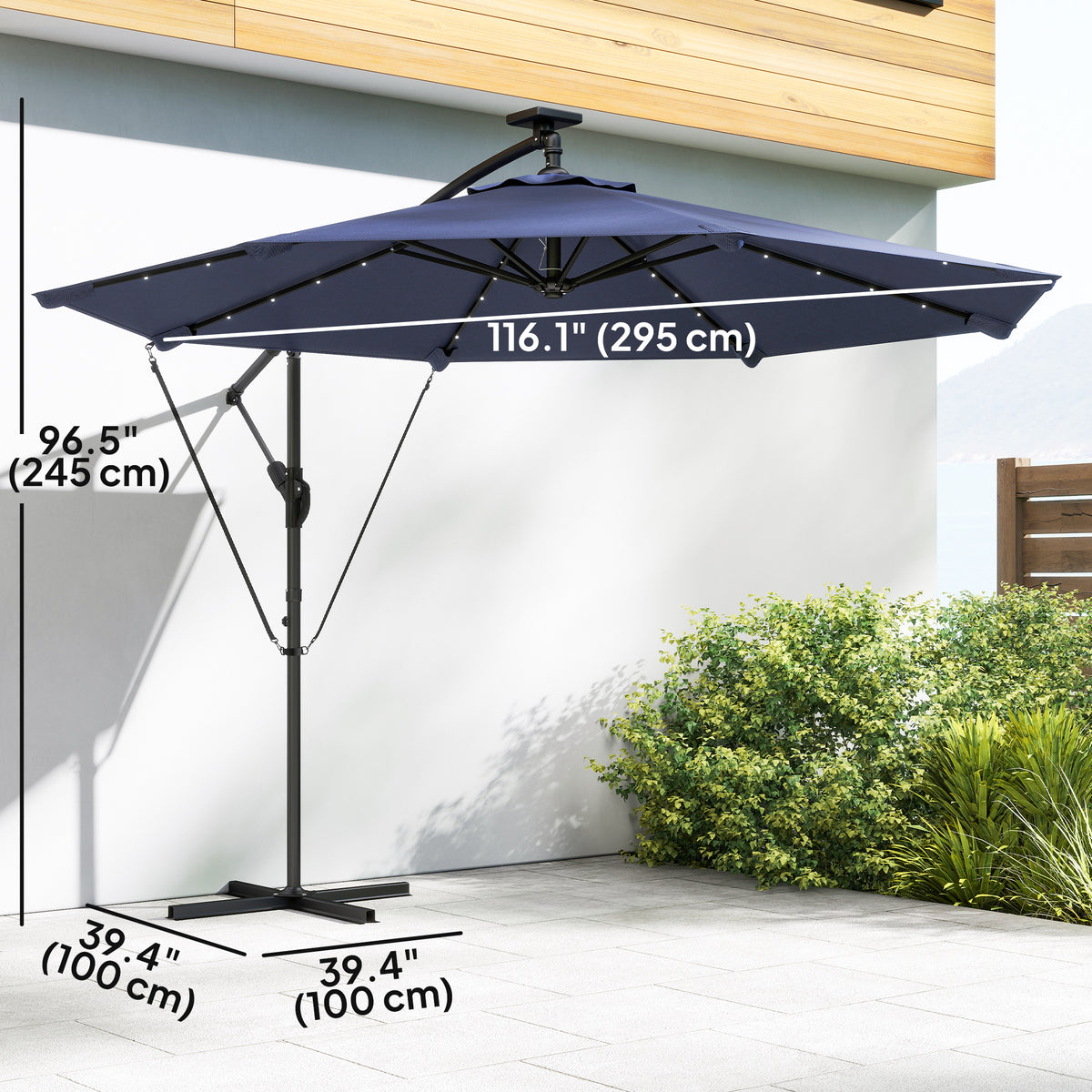9.7ft Solar LED Cantilever Patio Umbrella with 32 LED Lights, Cross Base, Crank Handle, for Poolside, Deck – view 2