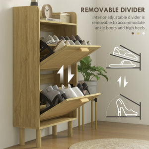 Slim Shoe Storage with 2 Flip Drawers and Adjustable Shelves, Rattan Shoe Cabinet Organizer for 12 Pair, Oak