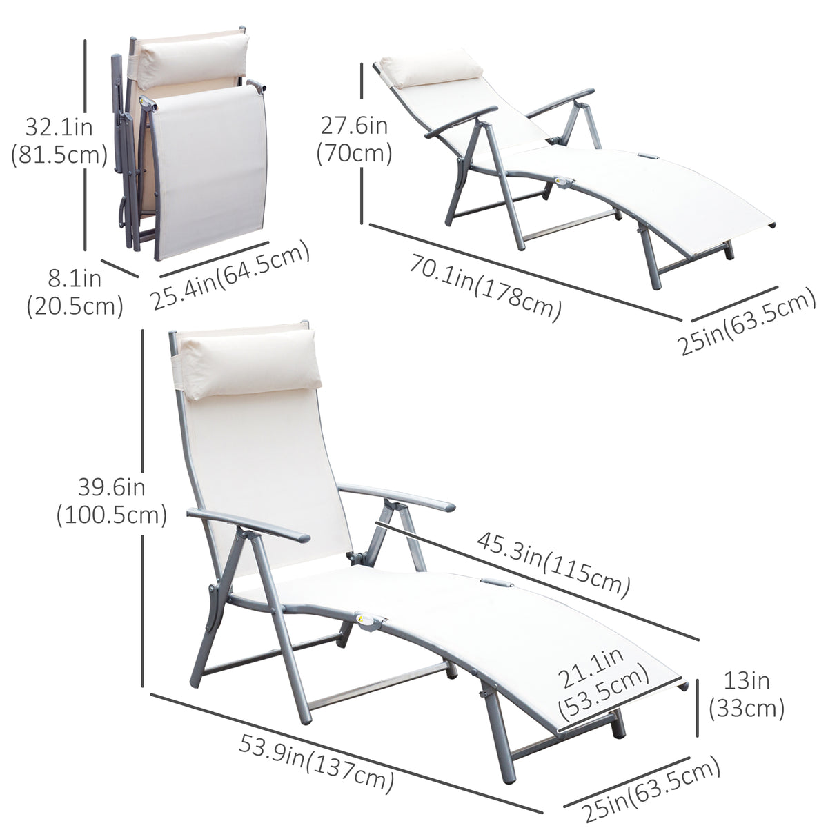 Outdoor Folding Chaise Lounge Chair Steel Portable Recliner with 7 Adjustable Backrest Positions, Cream White
