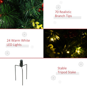2.5ft 2 Pieces Prelit Artificial Christmas Tree with LED Light Mini Xmas Tree with Small Berry Pine Needles Pinecones Decorations for Garden