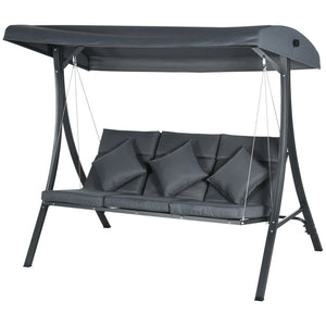 3-Person Patio Swing Chair, Outdoor Porch Swing Bench with Adjustable Canopy, Cushioned Seat, Dark Grey