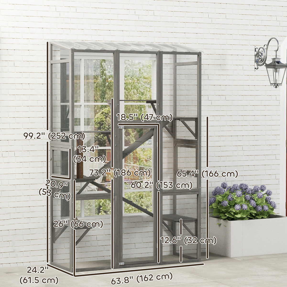 Large Outdoor Catio with 6 Jumping Platforms, Scratching Post, 2 Ramps, Waterproof Roof, Grey – view 2