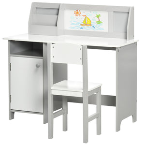 Qaba 2Pcs Kids Desk and Chair Set with Whiteboard, Storage, Shelves