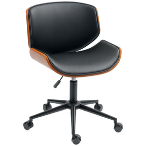 Mid-Century Modern Office Chair No Arms with Wheels, Small Computer Desk Chair with PU Leather Upholstery, Bentwood