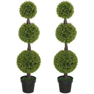 Set of 2 Artificial Ball Boxwood Topiary Trees, Fake Plants in Pots for Indoor Outdoor Decor, Green