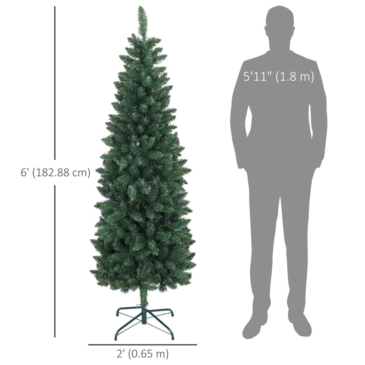 6ft Tall Pencil Artificial Christmas Tree with 479 Branch Tips with Steel Base, Green